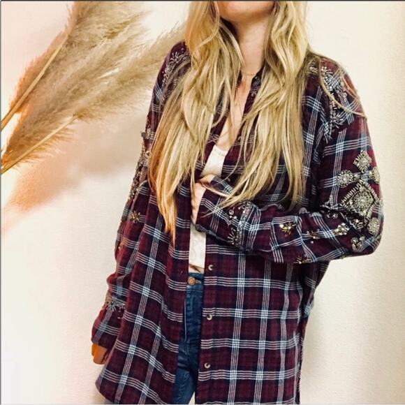 FP FREE PEOPLE Silver Sequin Bead Oversized Red Flannel Plaid Button Shirt XS - Picture 7 of 16